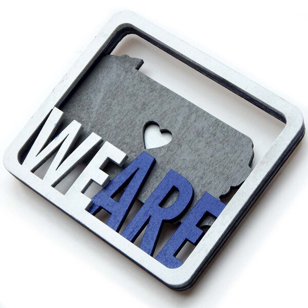 close up of We Are 3D magnet with Pennsylvania and heart cutout in center